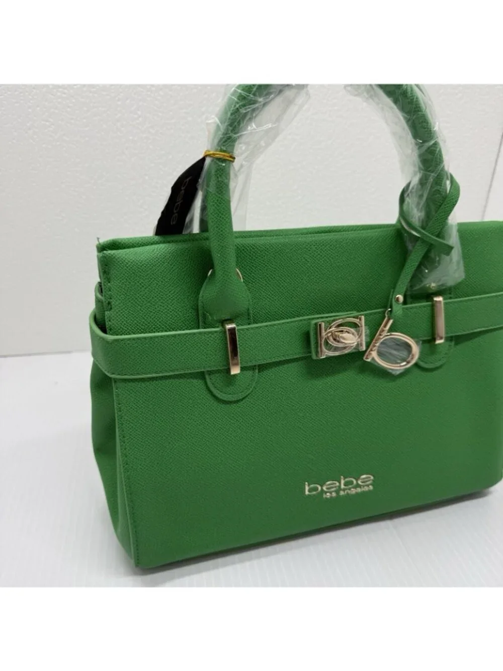 Bebe Evie Satchel Bag 1SZ Bright Green Belted Gold Hardware NWT Top Handle